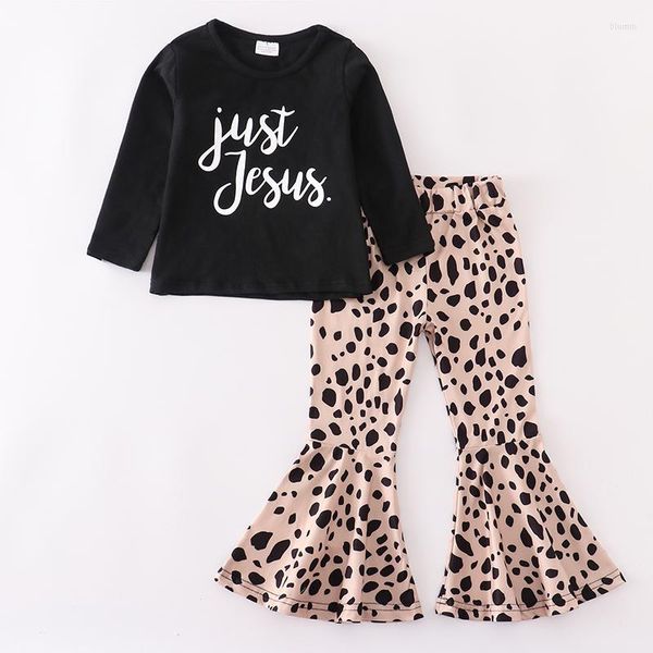 Ensembles de vêtements Girlymax automne/hiver bébé filles haut noir juste Jésus imprimé lait soie léopard cloche-bas pantalon ensemble enfants