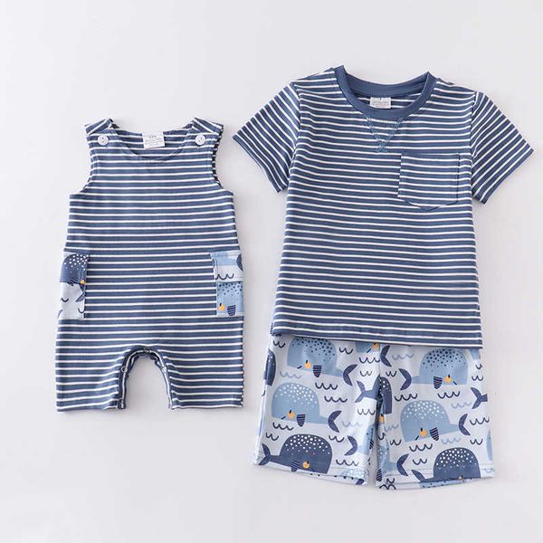 Conjuntos de ropa Girlymax Primavera Verano Baby Boy's Plaid Stripe Boutique Ropa Mameluco Pantalones cortos de algodón Conjunto Hermano Z0321