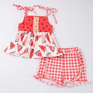 Ensembles de vêtements Girlymax Summer Baby Girls Top Lait Soie Pastèque Plaid Volants Noeud Short Enfants Boutique