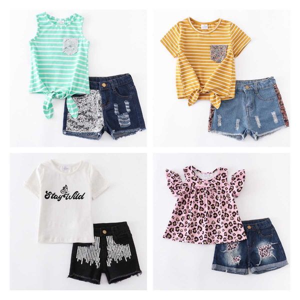 Conjuntos de ropa Girlymax SummerSpring Baby Girls Ropa para niños Conjuntos Boutique Lentejuelas Raya Nudo Top Denim Jeans Shorts Algodón Z0321