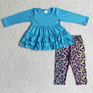 Kledingsets GLP0333 Meisje Lange mouw Blue Multi Ruffles Top Match kleurrijke luipaard leggings Fall Outfit 230823