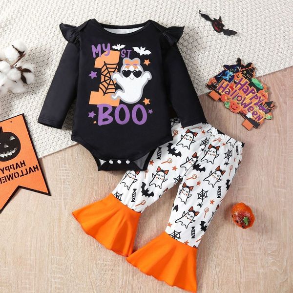 Conjuntos de ropa Halloween 02Yrs Baby Girls BOO Ropa Trajes Algodón Manga larga Mameluco Tops Pantalones acampanados 2 piezas Otoño Infantil Niños 230919