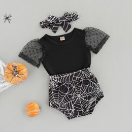 Kledingsets Halloween Baby Girls Outfit Toddlers Round Collar Mesh Splicing Short Sleeve Tops en Web Printing Shorts met hoofddeksels