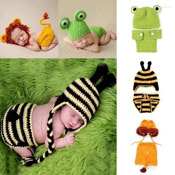 Conjuntos de ropa tejido a mano lindo bebé conjunto de animales Born Po Crochet Knit Hat Girl Boy Cap Pography Props disfraz