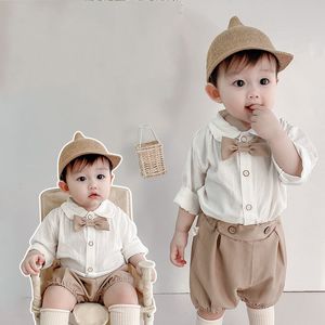 Kledingsets knappe jongens zomer zomerse mouw stropdas toppen shirts vaste korte broek peuter kinderen babykleding set formele pakken 2 stks 20220908 e3