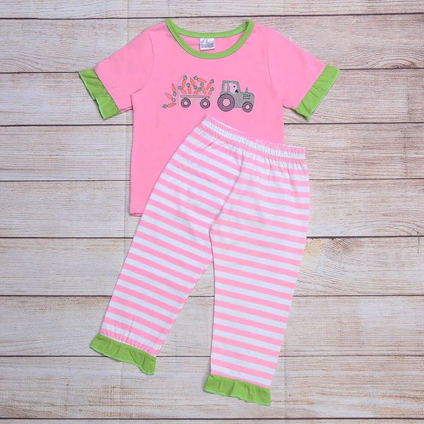 Ensembles de vêtements Joyeuses Pâques 18T bébé fille vêtements costumes avec lapin de dessin animé mignon et broderie de voiture rose à manches courtesCasual Plaid Pants Hot W230210