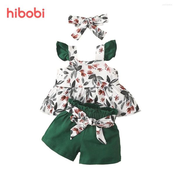Ensembles de vêtements Hibobi bébé fille vêtements doux haut à manches à volants à fleurs short de couleur unie avec bandeau pour 0-18 mois filles fleur