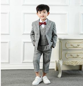 Conjuntos de ropa Traje formal para niño a cuadros estilo inglés de alta calidad/traje de flores/corbata de caballero conjunto de traje de 5 piezas para niños 3327