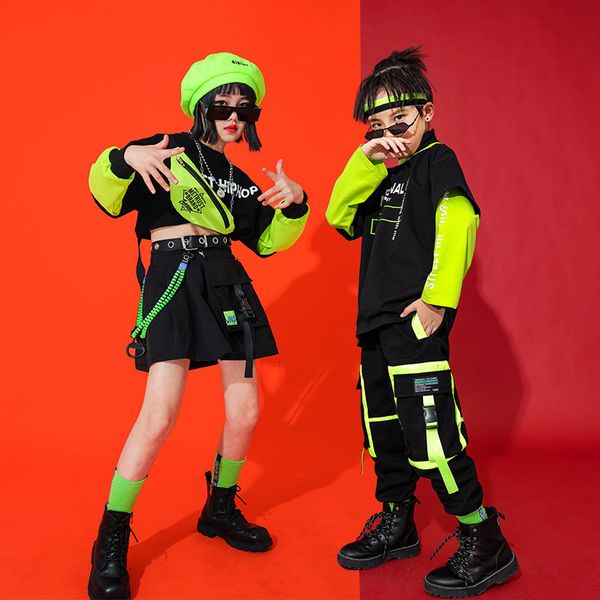 Ensembles de vêtements Hip Hop filles vert manches longues hauts noirs pantalons vêtements de danse de salon enfants Costume de scène de rue 230310