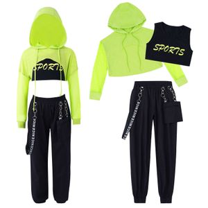 Conjuntos de ropa Hip Hop Girls Jazz Disfraces Niños con capucha Net Cover Up Tops con chaleco y pantalones Conjunto deportivo Danza moderna Street Wear 221130