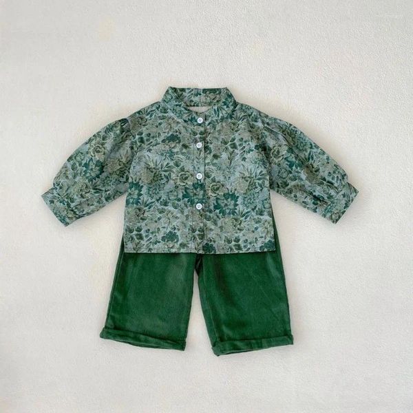 Conjuntos de ropa HoneyCherry Otoño Cuello alto Estampado de flores verdes Color sólido Pantalones de pierna ancha Conjunto Ropa para niños