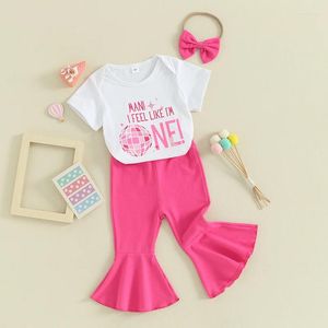 Kledingsets Honganda Babymeisje Eerste Verjaardag Outfit Korte mouw Discobal Print Romper en uitlopende broek met hoofdband Zomerkleding