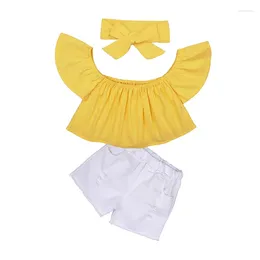 Kledingsets Hooyi Off Shoulder Shirt Set voor peuter meisjes gele korte mouwen Swearsshirt gescheurde jeans bowknot hoofdband koele outfit