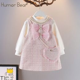 Kledingsets Humor Bear Girl Dress Autumn Long Sleeve Top geruite Princess Dress Tassen 3 stcs Zoete stijl Kidkleding Vestido 2 6y 230407