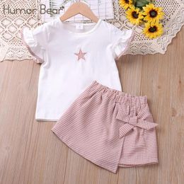 Ensembles de vêtements Humor Bear Summer Girls T-shirt imprimé à manches volantes et short à carreaux 2pcs costumes pour 2-6 ans