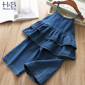 Kledingsets Humor Bear Summer Girls Koreaanse denim Suspender jas Top Wide Leg broek 2 stks Casual Kinderkleding 230520