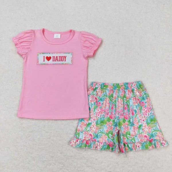 Ensembles de vêtements I Love Daddy Pink Clain à manches courtes Colorful Print Tropical Shorts Girls Tenue bébé Vêtements enfants Boutique Kid