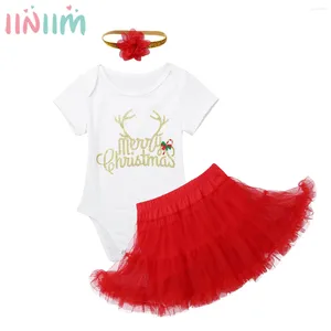 Ensembles de vêtements Iiniim Infantil Baby Girls Tenue de Noël Ensemble manches courtes Lettres brillantes imprimées barboteuse avec jupe tutu bandeau