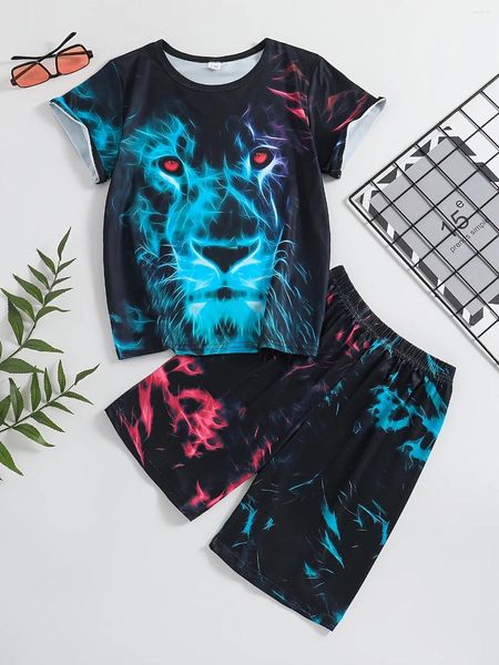 Ensembles de vêtements Imitation Glow-in-the Dark Lion imprimement T-shirt pour enfants Ensemble d'été Place de voyage Street Street Street