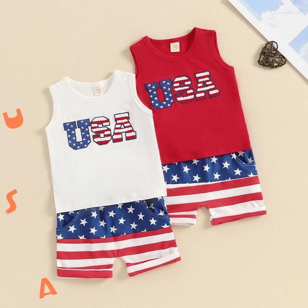 Ensembles de vêtements Jour de l'indépendance Baby Boy Clothes Set Fuzzy Letter Broidered Tops et Stripe Stars Imprime Shorts 2pcs