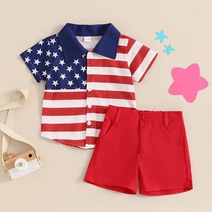 Ensembles de vêtements Independence Day Kids Boy Turnits Star Striped Imprimé Bouton à manches courtes Shorts de taille élastique