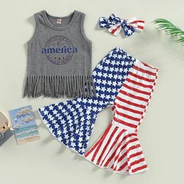 Kledingsets Independence Day Kindermeisjes Kleding Zomer Tassel tanktops en stretch Casual Star Stripe Flared Pants Hoofdband