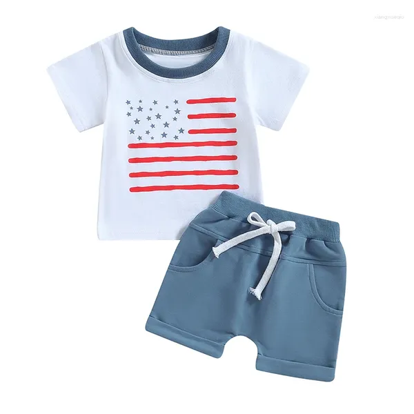 Ensembles de vêtements Jour de l'indépendance Toddler Boys Tenget Summer Stars Stripes T-shirt à manches courtes et shorts élastiques décontractés