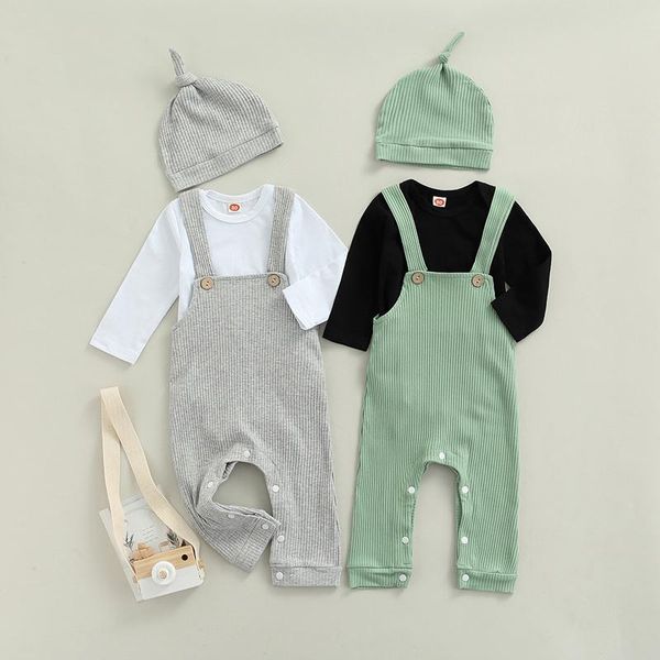 Ensembles de vêtements pour bébés, ensemble 3 pièces, barboteuse à manches longues + salopette, chapeau, couleur unie, printemps-automne, côtelé pour enfants garçons et filles