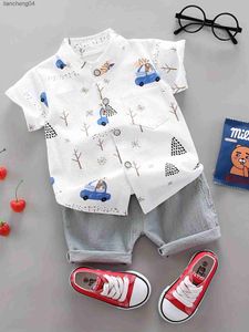 Kledingsets Baby- en peuterzomer, volledige print, beer, rijpatroon, korte mouwen, shorts, set voor outdoor, overhemd met staande kraag, mode twee