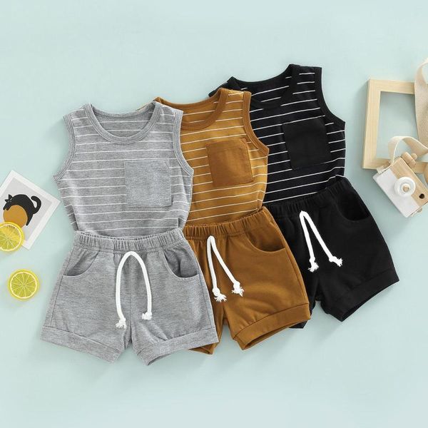 Ensembles de vêtements pour bébés garçons 2 pièces tenues à rayures col rond sans manches débardeurs couleur unie taille élastique ensemble de shorts