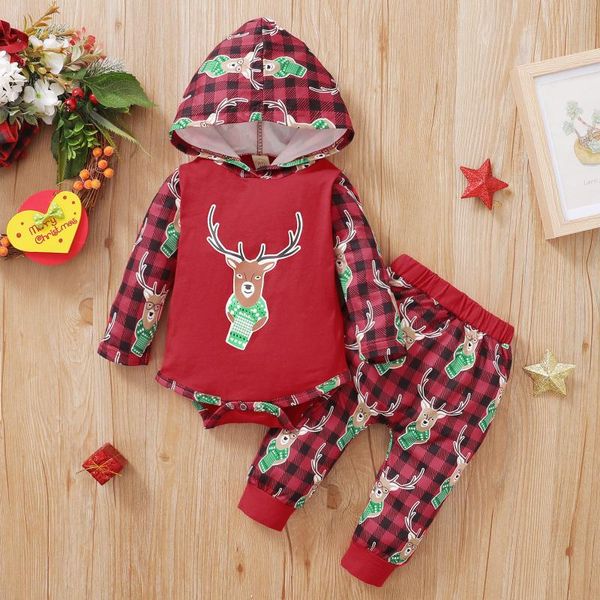 Ensembles de vêtements infantile bébé garçons filles à manches longues noël noël cerf imprimé sweat à capuche à carreaux body + pantalon tenues né vêtements