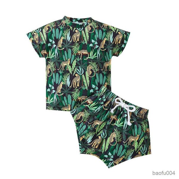 Conjuntos de ropa Infant Baby Boys Tops y pantalones cortos de manga corta Estampado de hojas Cintura elástica Cordón Ropa de verano 0-3T R230518
