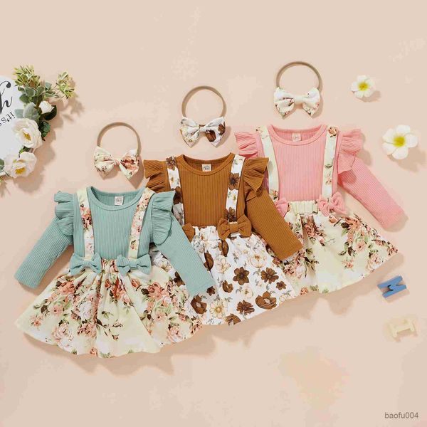 Conjuntos de ropa Bebé infantil Mangas voladoras y falda con tirantes y diadema con lazo Patrón de flores Cintura elástica Ropa de primavera 6M-4T R230518