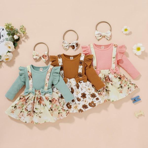 Conjuntos de ropa para bebés, mangas voladoras, falda con tirantes, diadema con lazo, patrón de flores, cintura elástica, primavera, 6M-4T