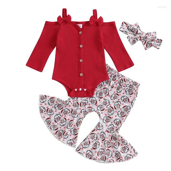 Ensembles de vêtements pour bébé fille, tenue de noël, barboteuse côtelée, pantalon évasé imprimé, bandeau, tenues de naissance