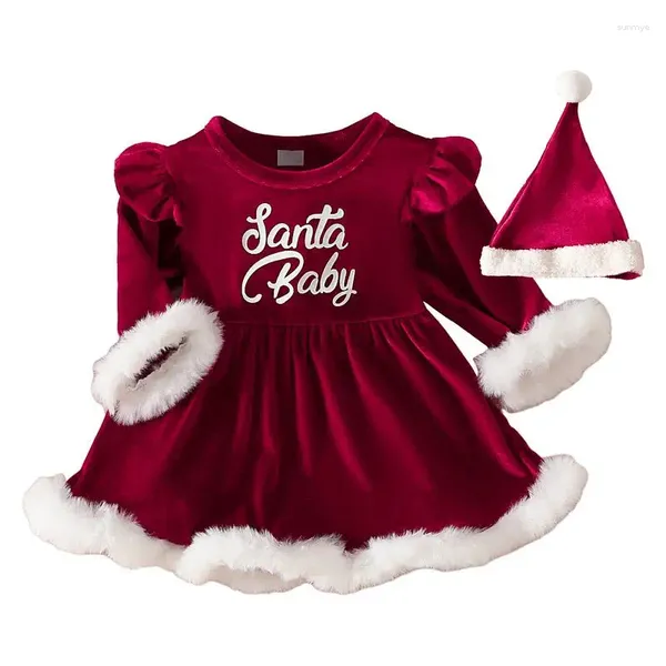 Conjuntos de ropa Bebé niña Navidad Traje de disfraz de Papá Noel Contraste Color Manga larga Cuello redondo Una línea Vestido de mameluco y sombrero