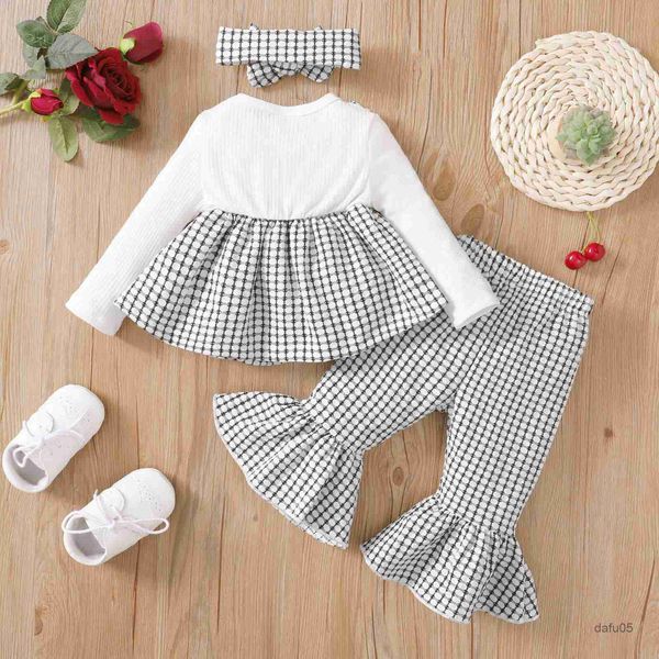 Conjuntos de ropa ropa infantil niña recién nacida Madre para niños Artículos de bebés Dirma 3 PCS Black Plaid Bowknot Top y pantalones acampanados R230816