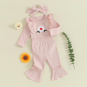 Vêtements Enfant Baby Girl Vêtements Ribéed Tricoted Tripfit Long Manche Long Raier Flare Pantal Set 3pc