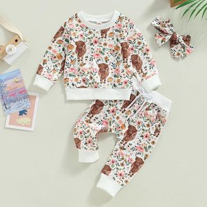 Ensembles de vêtements infantile bébé fille ensemble de vêtements imprimé vache florale à manches longues sweat taille élastique pantalon arc bandeau 3 pièces