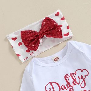 Ensemble de vêtements Baby Baby Girl First Valentine S Day Tenue à manches longues avec short en dentelle et bandeau 5pcs Père ensemble