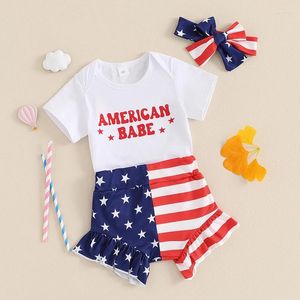 Kledingsets Baby Baby Girl Fourth Of July Outfits Briefprint Romper Top Ruche Shorts Hoofdband Geboren kleding