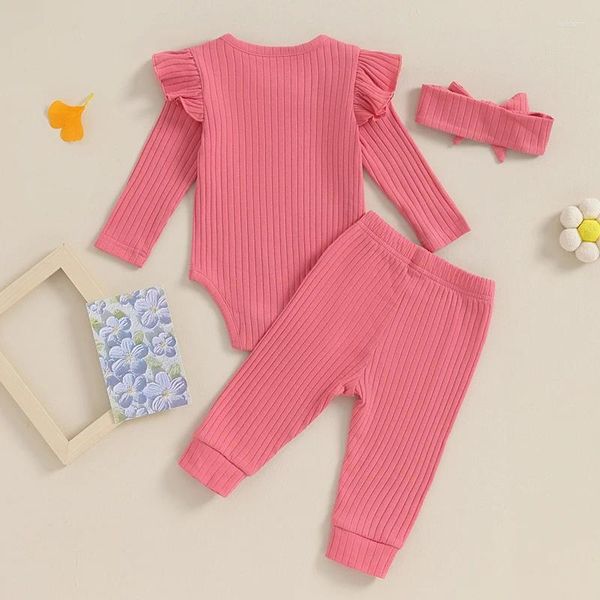 Ensembles de vêtements bébé fille tenue solide côtelé tricot volants manches longues barboteuse haut legging pantalon ensemble 2 pièces vêtements d'automne hiver