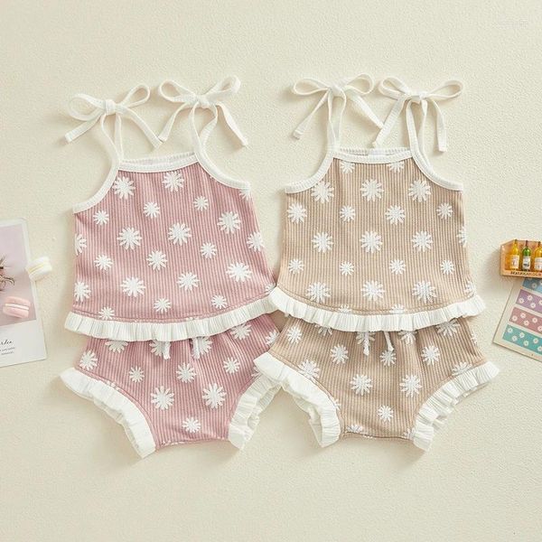 Ensembles de vêtements pour bébés filles, ensemble côtelé, col carré, sans manches, ourlet plissé, camisole, taille élastique, short, tenues d'été pour tout-petits