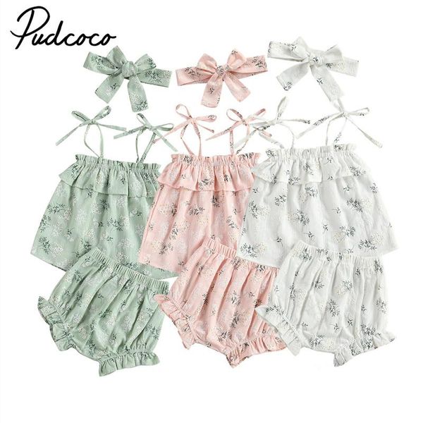 Ensembles de vêtements Ensemble de trois pièces pour bébé fille Ourlet à volants Lacets Bandoulière Tops imprimés floraux Taille élastique Shorts Bande de cheveux