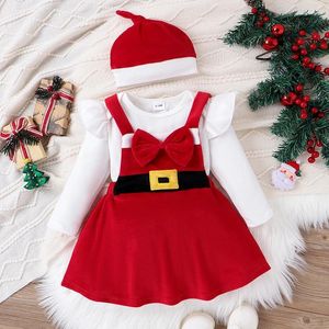 Kledingsets Baby Baby Meisje Kerstmanoutfits Effen Kleur Romper met lange mouwen Mouwloze strikjurk Geknoopte hoed Kerstmis