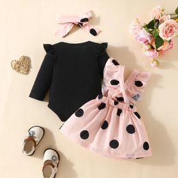 Conjuntos de ropa Infantil Bebé Niña Trajes de primavera Carta Impresión Mamelucos Dot Suspender Faldas Diadema 3pcs Set