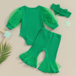 Ensembles de vêtements bébé bébé fille St Patrick S Day 3pcs longue lanterne manches trèfle imprimé vert chance du pantalon évasé irlandais barboteuse bandeau