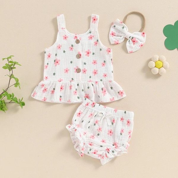 Conjuntos de ropa ropa infantil de verano ropa de verano de algodón lino floral sin mangas sin volantes camisetas sin mangas pantalones cortos de diadema 3pcs conjuntos