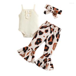 Conjuntos de ropa Bebé niña Conjunto de mono de verano Color sólido Acanalado Volantes Sling Mameluco Estampado de leopardo Pantalones acampanados Diadema con lazo Ropa