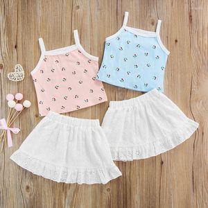 Kledingsets baby babymeisjes 2 stuks outfits bloemenprint mouwloze sling tanktops elastische taille witte kanten rok zomer set